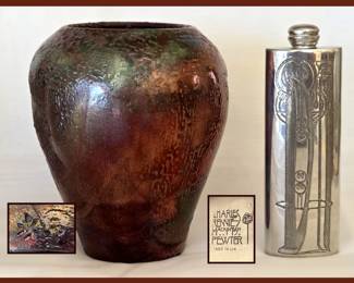 Signed Metal Vase and Art Nouveau Charles Rennie MacKintosh Pewter Hip Flask