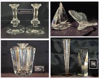 Val St Lambert Candle Holders,  Swarovski Sailboat Waterford Butterfly and Lucite Ice Bucket