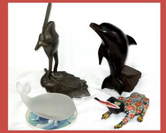Brass Frog on a Leaf, Wooden Dolphin, Frosted Glass Whale and Colorful Frog 