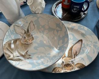 Williams Sonoma Damask Easter bunny serving pieces