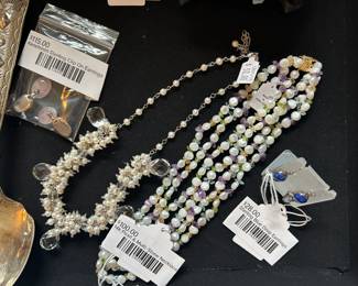 14k Pearl & Multi-Stone Necklace, Sterling Blue Drop Earrings, Kieselstein Sterling Clip-On Earrings 