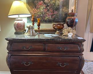 Kathy Ireland Drawers, Stylebuilt Baroque Towel Holder, Brass Tassel Bookend Pair, Table Lamp  