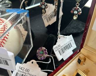 Sterling Floral Ring, Sterling Multi-Stone Earrings 