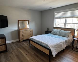 Queen rattan bed, TV, Lexington Rattan Dresser