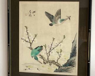 Chinese Watercolor Depicting Birds on a Flowering Branch