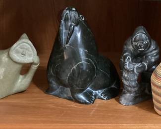 Eskimo Soapstone Carvings and Handwoven Coiled Gress Basket