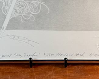 "Silverpoint #104, Feather", a limited edition lithograph by listed artist, Howard Hack. Edition 22/135, pencil signed, and measures in frame, 15” H x 11” W. Howard Edwin Hack (July 6, 1932 – June 11, 2015) was an American representational painter and graphic artist, with works in numerous museum collections. Known for an innovative approach to a variety of media, as well as use of traditional oil paints, Hack began working in the late 1940s.

