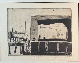 "Barges", a limited edition lithograph by listed artist, Howard Hack. Edition 4/10, pencil signed, and measures in frame, 12.5” H x 14.5” W. Howard Edwin Hack (July 6, 1932 – June 11, 2015) was an American representational painter and graphic artist, with works in numerous museum collections. Known for an innovative approach to a variety of media, as well as use of traditional oil paints, Hack began working in the late 1940s.

