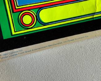 This lot features a vintage Cypress Hill "Stoned Is the Way of the Walk" black light poster. This poster features a skull with a cannabis afro smoking a joint and is designed with psychedelic colors and intended to glow under ultraviolet light. This poster measures, 34.5” H x 23” W.

