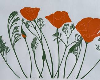 “Poppies”, a limited edition lithograph pencil signed by listed artist, Henry Evans. Edition 170/220 and measures in matting, 17.5” H x 24.5” W. Henry Evans (1918-1990) was a San Francisco Bay Area artist and printmaker known for his minimalist style botanical images. In 1949 he established the Peregrine Press in San Francisco where he began making books and prints for local Bay Area artists.

