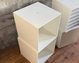 This lot features a set of four (4) modular storage cubes from Finland company, Palaset. Designed by Ristomatti Ratia, the son of Marimekko’s founder, Armi Ratia. Fabricated from a hard, durable polystyrene, this versatile system is ideal for offices, playrooms, and mudrooms, yet easily stylish enough for the living room. Each cube measures, 13.5” H x 13.5” W x 13.5” D.

