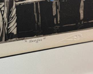 "Barges", a limited edition lithograph by listed artist, Howard Hack. Edition 4/10, pencil signed, and measures in frame, 12.5” H x 14.5” W. Howard Edwin Hack (July 6, 1932 – June 11, 2015) was an American representational painter and graphic artist, with works in numerous museum collections. Known for an innovative approach to a variety of media, as well as use of traditional oil paints, Hack began working in the late 1940s.

