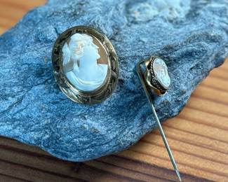 This lot features a pair of cameos – one is a brooch and the other is a stick pin. 

