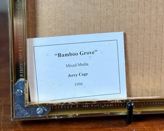“Bamboo Groove”, an original mixed media work of art by listed artist, Jerry Cage circa 1996. This piece measures in frame, 12.75” H x 12.25” W.

