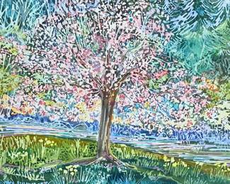 This lot features an original watercolor landscape painting by listed Oregon artist, Nancy Vittone. This piece measures in frame, 19.5” H x 26.75” W. Nancy Vittone (later Nancy Ericksen-Ward) was an artist and community figure in the Salem, Oregon area, known for her involvement with local art projects, like helping organize murals for the Keizer Iris Festival, and being associated with Oregon State University (OSU) through her husband, artist John Ericksen, though she wasn’t the primary artist featured in the search snippets, she was connected to the local art scene in the late 20th/early 21st century in Salem/Keizer. 

