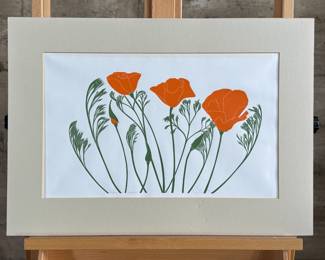 “Poppies”, a limited edition lithograph pencil signed by listed artist, Henry Evans. Edition 170/220 and measures in matting, 17.5” H x 24.5” W. Henry Evans (1918-1990) was a San Francisco Bay Area artist and printmaker known for his minimalist style botanical images. In 1949 he established the Peregrine Press in San Francisco where he began making books and prints for local Bay Area artists.

