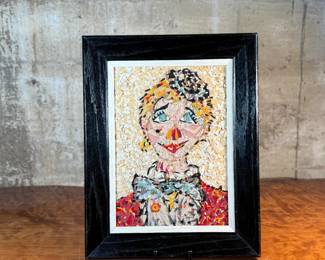 “Clown”, an original mixed media work of art by artist, Armande Cushway. This piece in particular won 2nd place in the USF art show, with Howard Hack taking first. This piece measures in frame, 18” H x 14” W.

