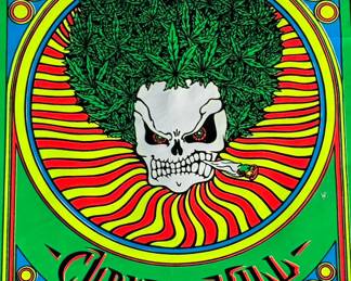 This lot features a vintage Cypress Hill "Stoned Is the Way of the Walk" black light poster. This poster features a skull with a cannabis afro smoking a joint and is designed with psychedelic colors and intended to glow under ultraviolet light. This poster measures, 34.5” H x 23” W.

