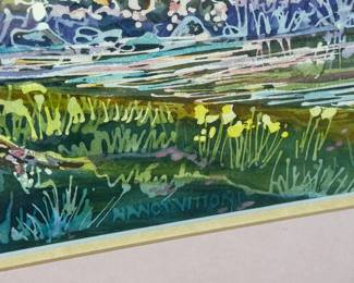 This lot features an original watercolor landscape painting by listed Oregon artist, Nancy Vittone. This piece measures in frame, 19.5” H x 26.75” W. Nancy Vittone (later Nancy Ericksen-Ward) was an artist and community figure in the Salem, Oregon area, known for her involvement with local art projects, like helping organize murals for the Keizer Iris Festival, and being associated with Oregon State University (OSU) through her husband, artist John Ericksen, though she wasn’t the primary artist featured in the search snippets, she was connected to the local art scene in the late 20th/early 21st century in Salem/Keizer. 

