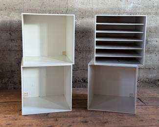 This lot features a set of four (4) modular storage cubes from Finland company, Palaset. Designed by Ristomatti Ratia, the son of Marimekko’s founder, Armi Ratia. Fabricated from a hard, durable polystyrene, this versatile system is ideal for offices, playrooms, and mudrooms, yet easily stylish enough for the living room. Each cube measures, 13.5” H x 13.5” W x 13.5” D.

