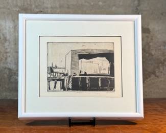 "Barges", a limited edition lithograph by listed artist, Howard Hack. Edition 4/10, pencil signed, and measures in frame, 12.5” H x 14.5” W. Howard Edwin Hack (July 6, 1932 – June 11, 2015) was an American representational painter and graphic artist, with works in numerous museum collections. Known for an innovative approach to a variety of media, as well as use of traditional oil paints, Hack began working in the late 1940s.

