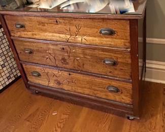 Etched three drawer w/glass top chest