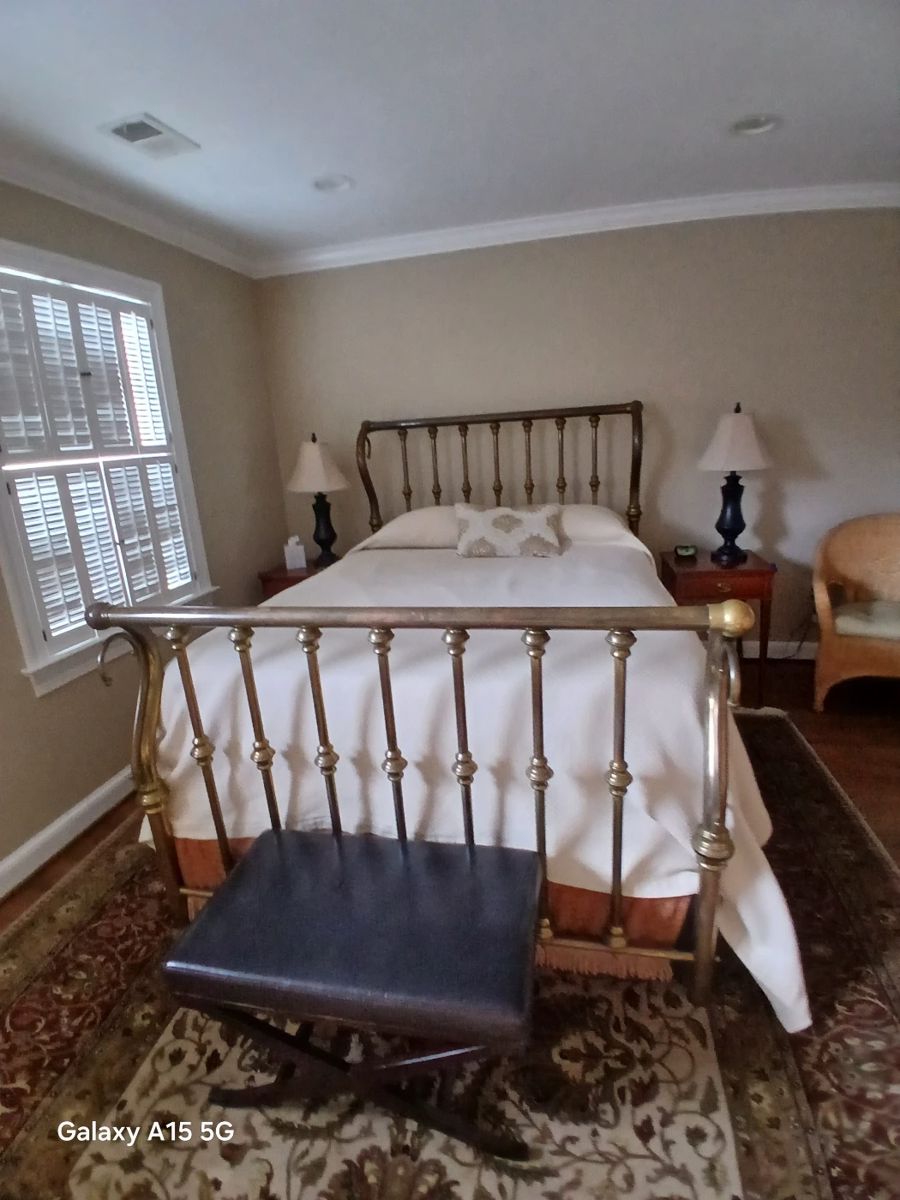 Antique burnished brass bed, 3/4 double, mattress, box included with purchase, very clean.  $1495 Friday                   Two mahogany bedside stands, black lamps tagged at the sale