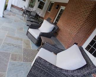 2) brown jordan rattan, linen cushion arm chairs, 2)chaise lounges