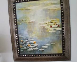 impressionist water lily painting, antiqued silvered frame