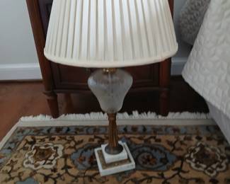 vintage etched glass genie base lamp, with brass and marble base