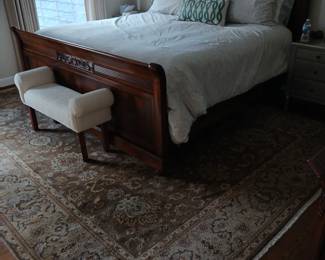 i.m.i. Italy DALL King Bed, dark mahogany stain, white upholstered bench, linens, Bedroom rug is Pakistani, wool  Peshawar 12' x 9' apx