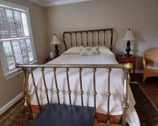 antique burnished brass bed, double, mattress included with purchase, very clean. Two mahogany bedside stands, black lamps