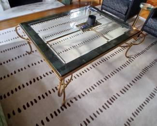 soapstone and glass top on burnished brass base coffee table, apx 46 x 40"
