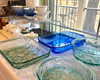 Cobalt Pyrex dish, Libbey Orchard Green dishes