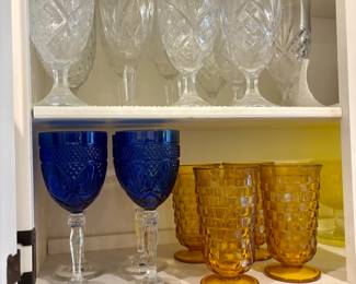 Godinger Crystal Glass, Antique Sapphire Blue Goblets, Vintage Amber MCM Glasses