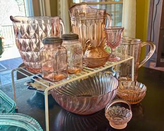 Pink Depression glass, pitchers bowls