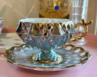 Royal Halsey Fine Tea Cup/Saucer Blue Gold Iridescent