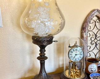 Antique Cast metal lamp with roses on the glass