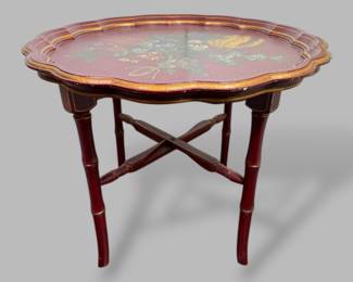 Floral Painted Scalloped Edge Tray Table On Folding Faux Bamboo Stand, Modern