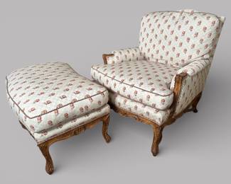 Louis XV? Style Upholstered Carved Chair With Matching Ottoman