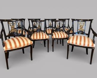 Set Of Eight Neoclassical Style Ebonized And Giltwood Dolphin Dining Chairs 