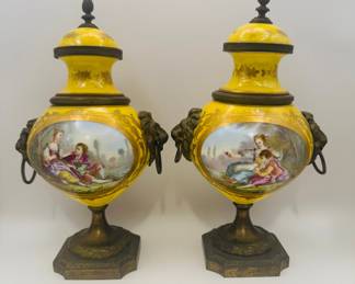 Pair Of Sevres Style Porcelain Brass Mounted Hand Painted Vases, Late 19th Century