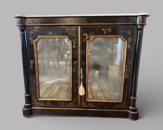 Ebonized And Parcel Gilt Chinoiserie Style Marble Top Two-Door Cabinet, 20th Century