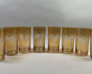 Set Of Eight Vintage Amber And Etched Glass Tumblers (8)