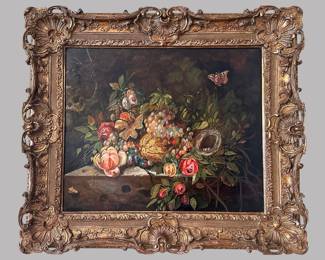 Still Life Of Flowers Fruit And Butterflies, 20th C.