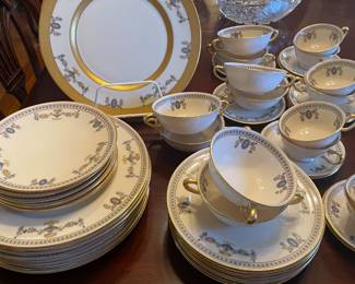 Lennox 1906-1930 (green mark) charger with thick gold border in the pattern “The Colonial” and accompanying newer pieces (ca. 1940).   8 place settings