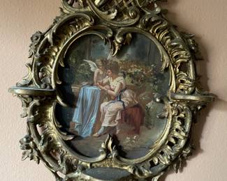 Pair of antique wood carved, wall gilt sconces and frames