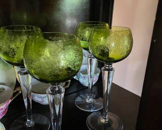 Vintage Val St. Lambert or Saint Louis chartreuse green crystal hock wine glasses RARE