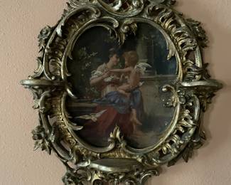 Pair of antique wood carved, wall gilt sconces and frames