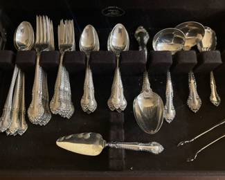Gorham English Gadroon, Sterling, 12 place settings with two serving spoons, server, 2 ladles, sugar shell and tongs